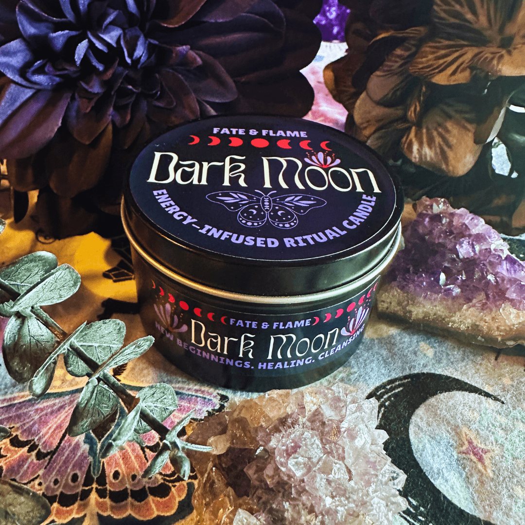 Dark Moon Candle w/ crystals and reiki. 8 oz scented candle