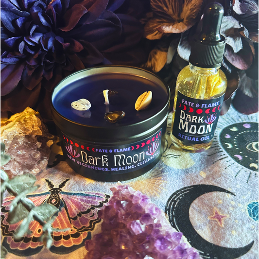 Dark Moon Ritual Candle & Oil Set w/ Crystals, Reiki, Lunar Energy