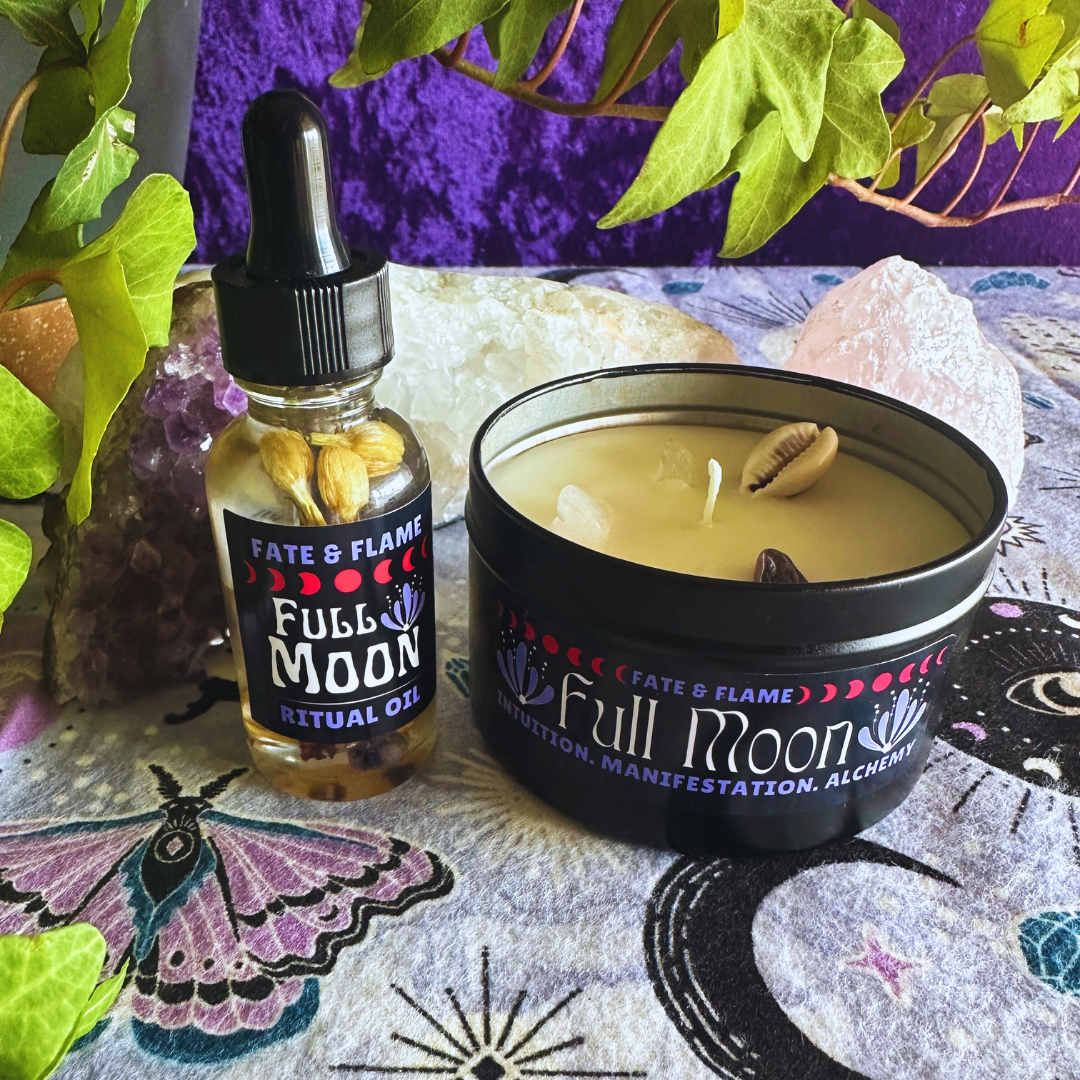 Full Moon Ritual Candle & Oil Set w/ Crystals, Reiki, Lunar Energy