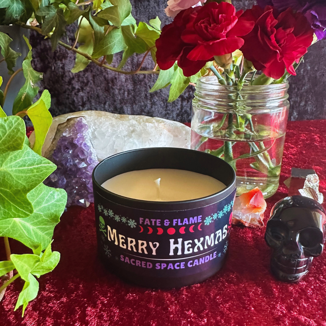 Merry Hexmas Tin Candle - Witchy Scented Holiday Candle w/ Reiki