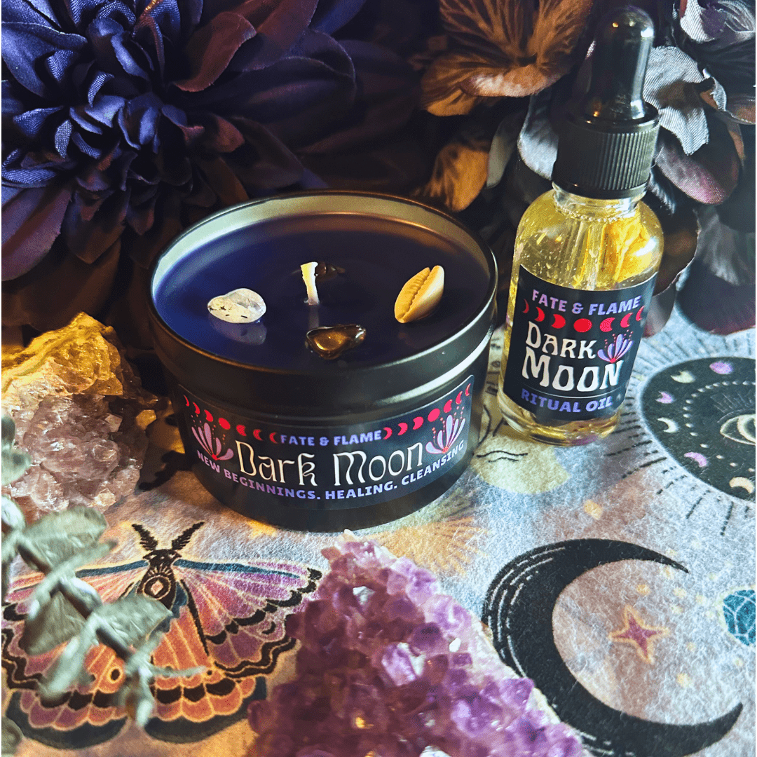 Dark Moon Ritual Candle & Oil Set w/ Crystals, Reiki, Lunar Energy ProductFate & Flame