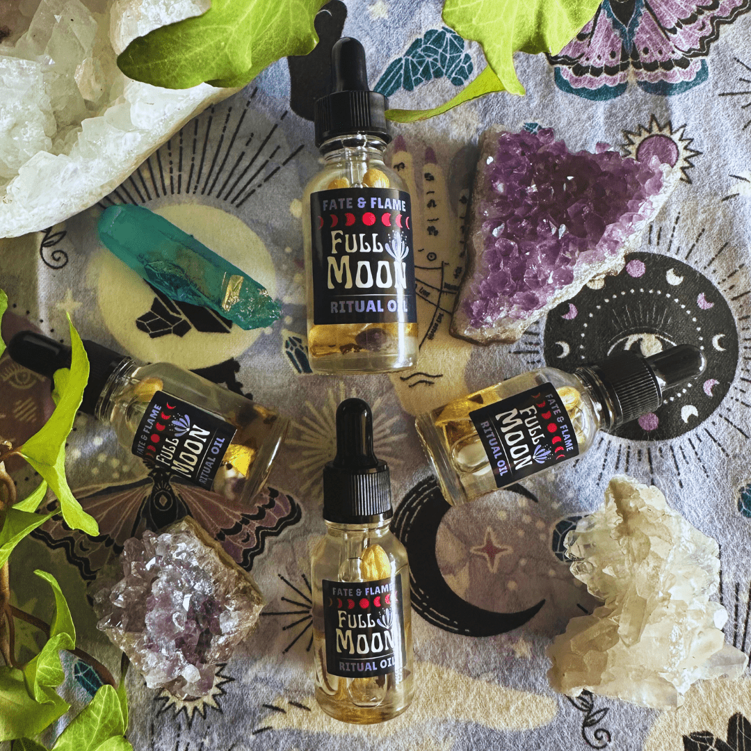 Full Moon Ritual Oil w/ Crystals, Botanicals, Reiki ProductFate & Flame