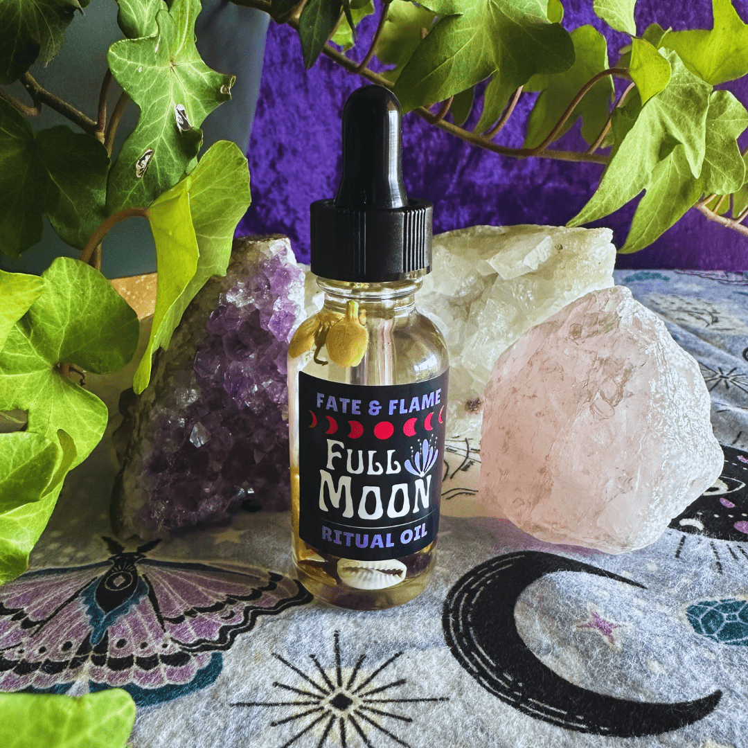 Full Moon Ritual Oil w/ Crystals, Botanicals, Reiki ProductFate & Flame