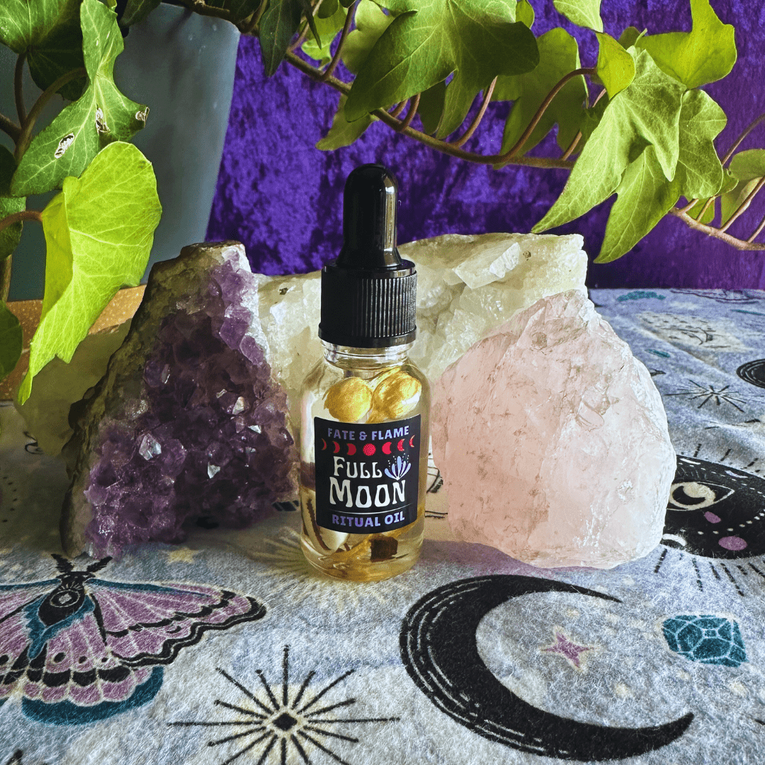 Full Moon Ritual Oil w/ Crystals, Botanicals, Reiki ProductFate & Flame