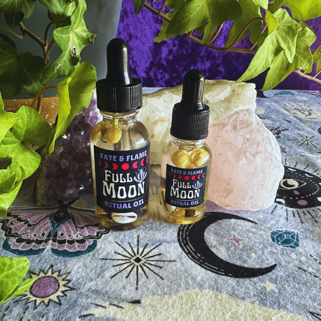 Full Moon Ritual Oil w/ Crystals, Botanicals, Reiki ProductFate & Flame