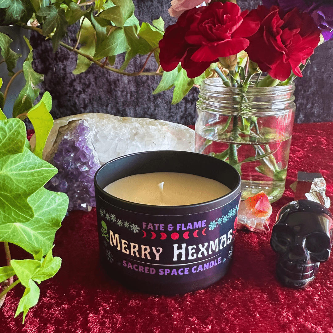 Merry Hexmas Tin Candle - Witchy Scented Holiday Candle w/ Reiki ProductFate & Flame